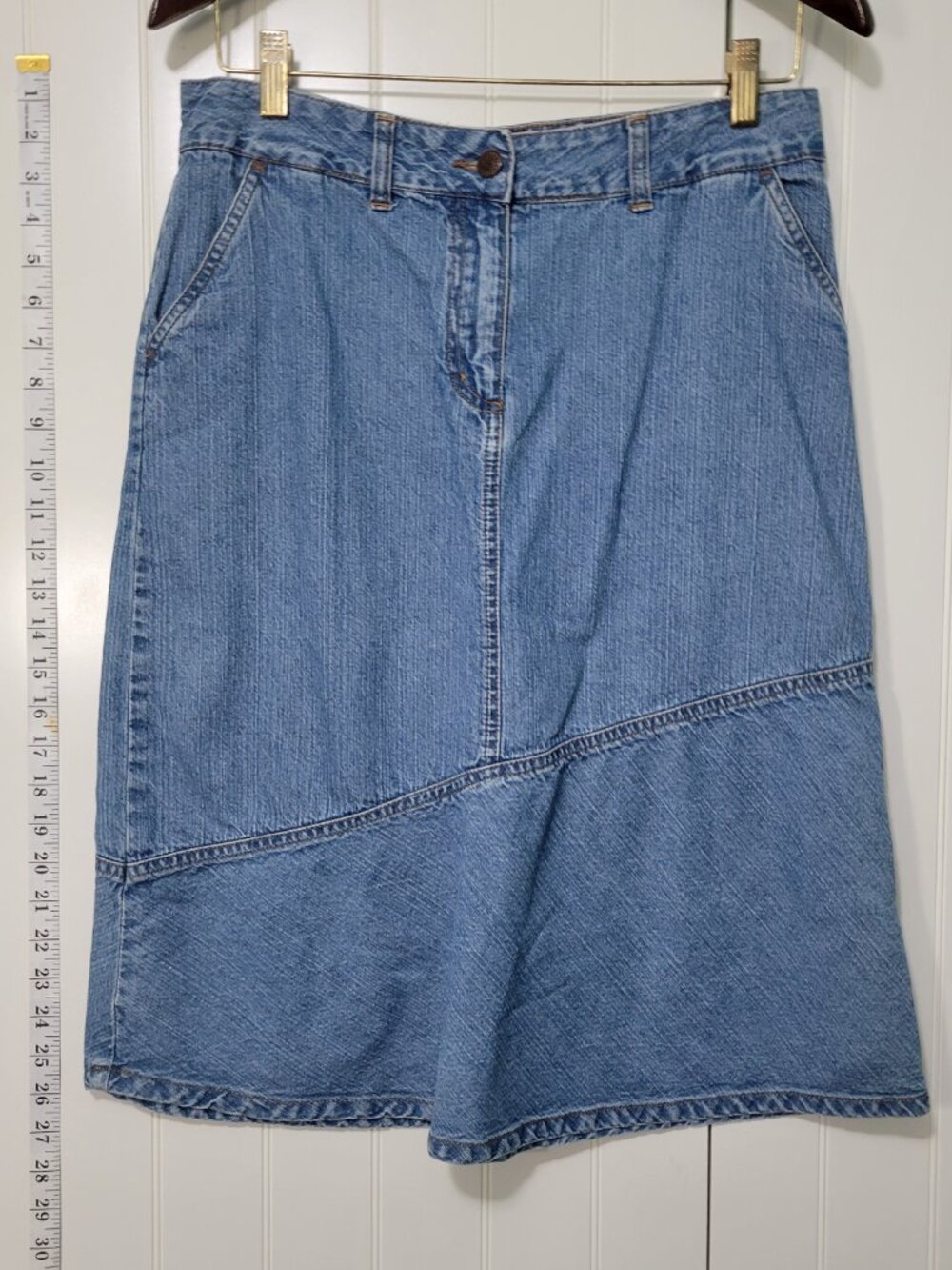 Vtg 80s 90s Y2K Retro Boho Cowgirl Rodeo Diagonal Paneled Flare Denim Midi Skirt - Picture 4 of 8